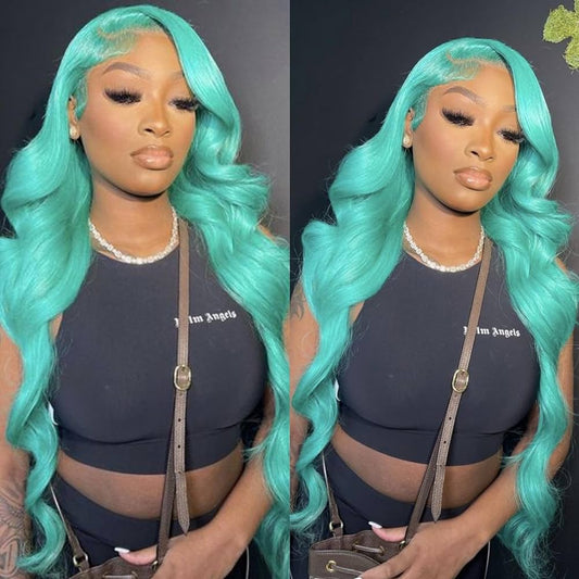 200% Density Mint Green Body Wave 13x4 Lace Front Human Hair Wig