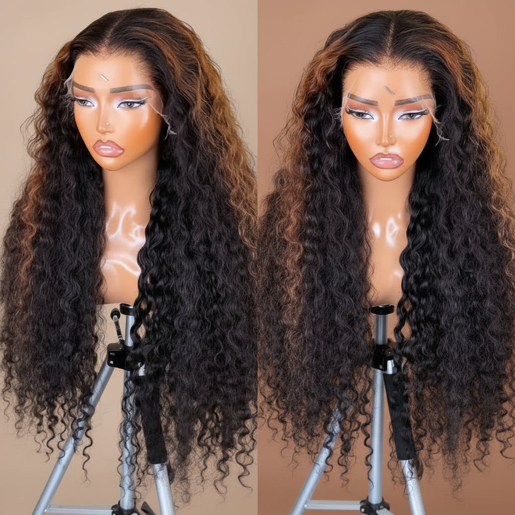two views of A mannequin head displaying the NuHaire Caramel Brown Highlight | 13x4 Deep Wave Human Hair Wig, which features a rich caramel brown highlight color, premium quality human hair, a 13x4 transparent lace front, a natural hairline, and flowing deep wave texture.