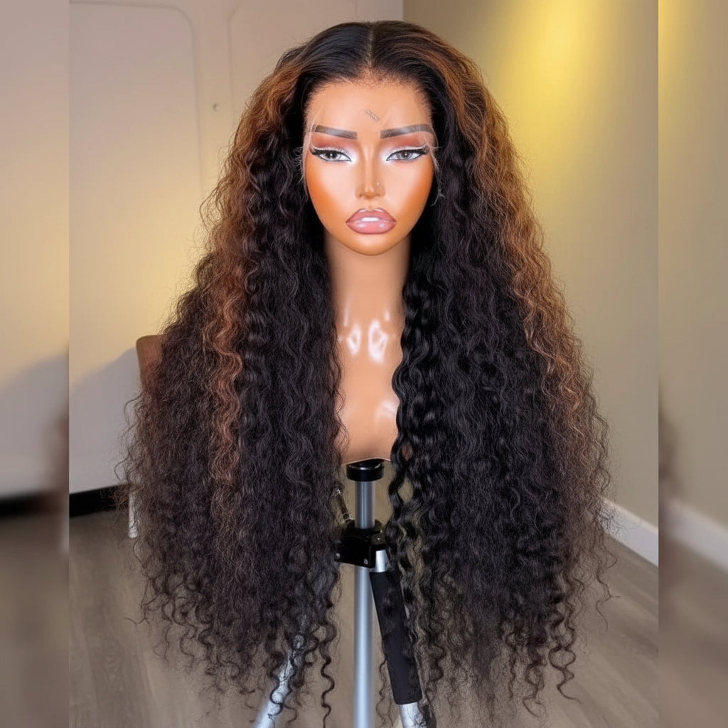 A mannequin head displaying the NuHaire Caramel Brown Highlight | 13x4 Deep Wave Human Hair Wig, which features a rich caramel brown highlight color, premium quality human hair, a 13x4 transparent lace front, a natural hairline, and flowing deep wave texture.