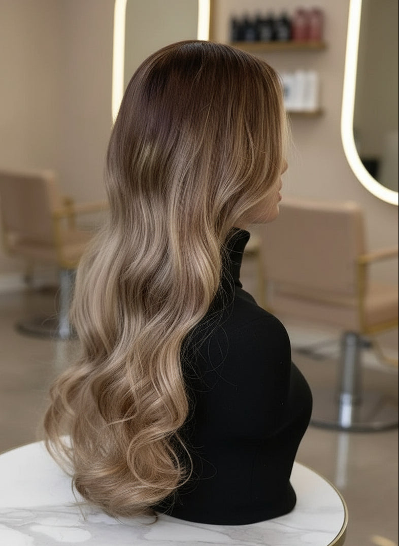 BACK VIEW OF A Mannequin head with NuHaire Golden Blonde Balayage Highlight Wig, showcasing dark blonde waves, flawless golden blonde balayage highlight, premium European Human Hair Quality, 13x4 transparent lace front, and natural hairline.