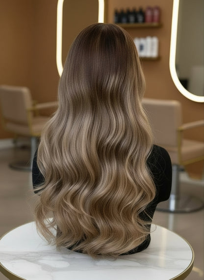 Back view of Mannequin head with NuHaire Golden Blonde Balayage Highlight Wig, showcasing dark blonde waves, flawless golden blonde balayage highlight, premium European Human Hair Quality, 13x4 transparent lace front, and natural hairline.