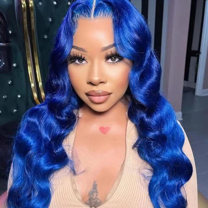 A person wearing a NuHaire striking blue body wave, 13x4 transparent lace front, human hair wig with a pre-plucked hairline.
