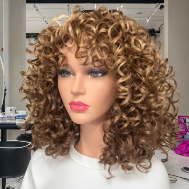 Auburn Highlight Spiral Curl Thick & Full Bob Wig with Bangs