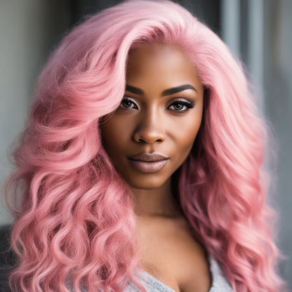 A person wearing a NuHaire Rose Pink silky straight 13x4 lace front human hair wig, showcasing a natural hairline, styling versatility, and premium hair quality