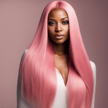 A person wearing a NuHaire Rose Petal Pink silky straight 13x4 lace front human hair wig, showcasing a natural hairline, long length, and premium hair quality