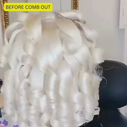 Back view of platinum blonde loose curly wig displaying full curl pattern and hair density