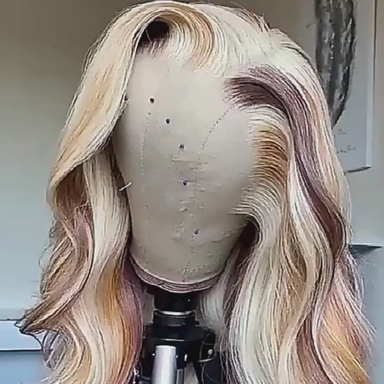 Trio blonde dimensional highlights wig on mannequin showing multi-tonal color depth and 13x4 lace