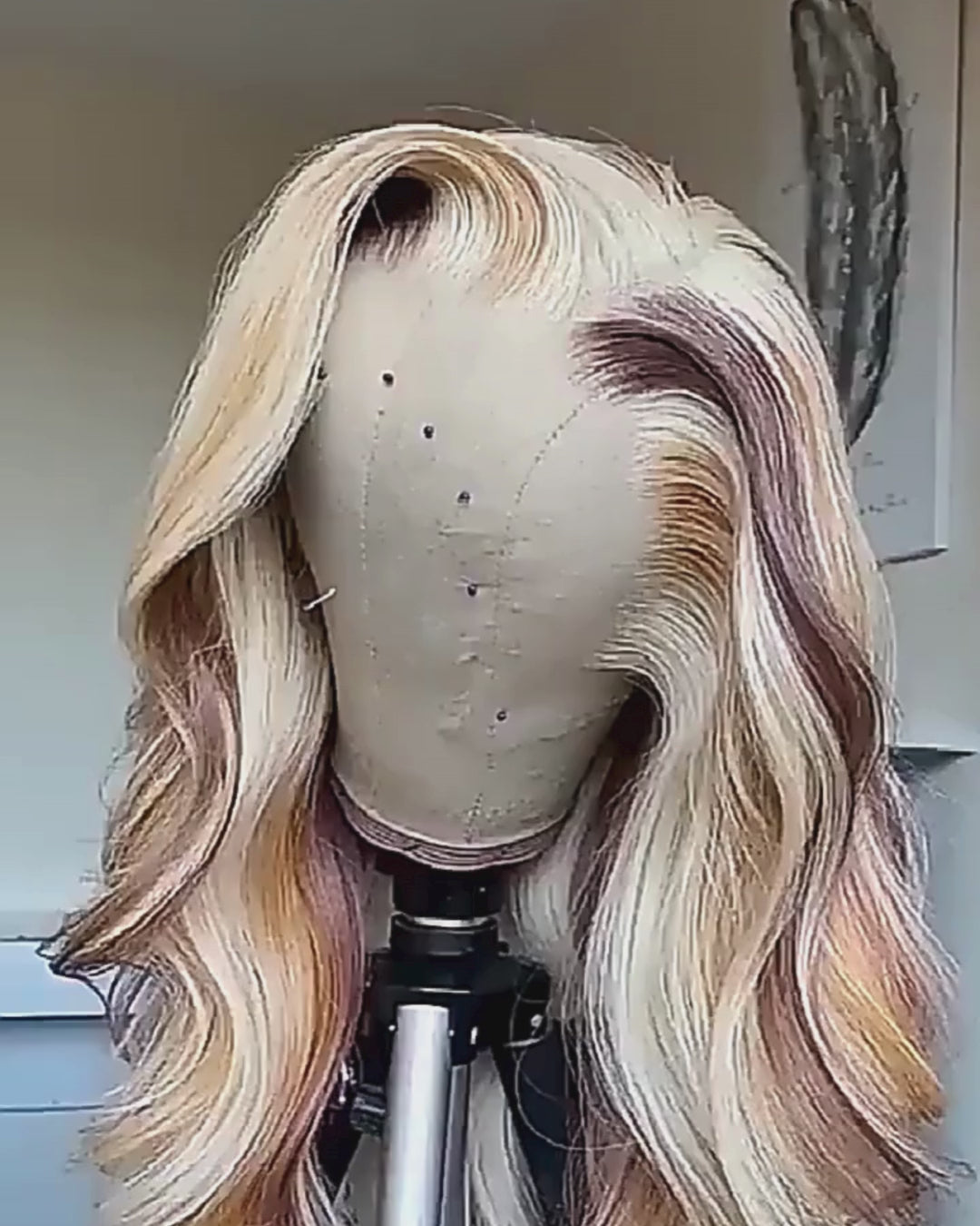 Trio blonde dimensional highlights wig on mannequin showing multi-tonal color depth and 13x4 lace