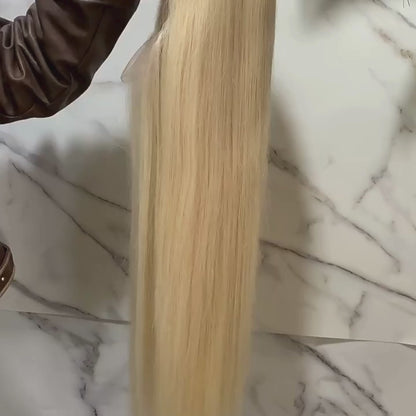 12A grade white blonde wig video showcasing silky straight texture, 13x6 lace quality, and European human hair