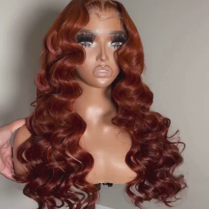 Cinnamon brown loose deep wave wig video displaying bouncy wave texture and 13x4 transparent lace construction