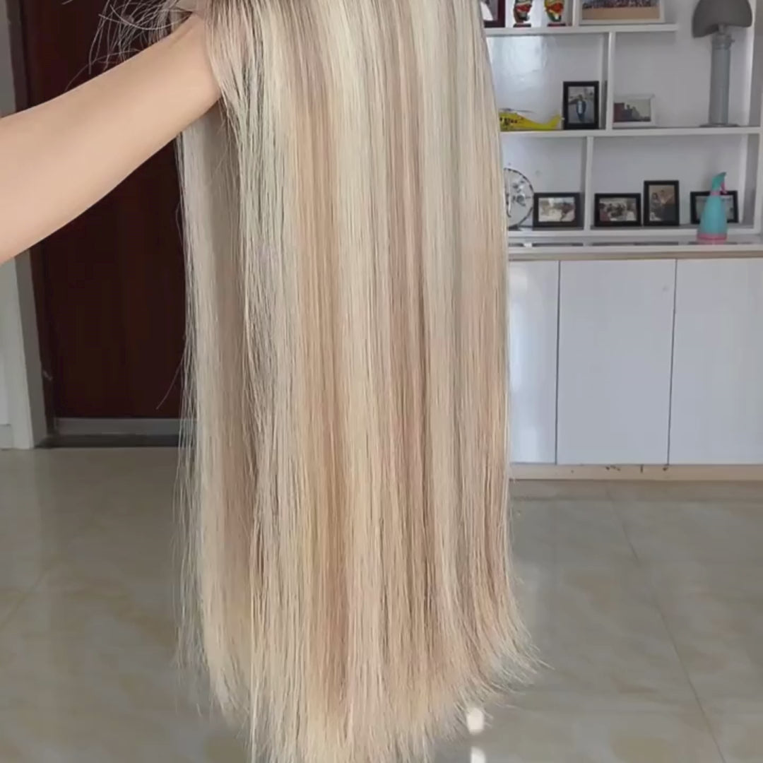 mono lace platinum blonde highlight straight wig