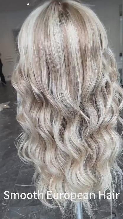 Cool ash blonde highlight wig video showcasing loose wave texture, HD lace quality, and European hair details
