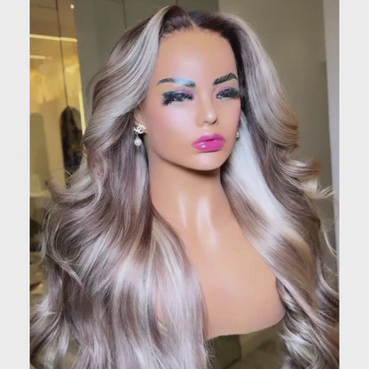 Ash grey blonde highlights body wave wig video displaying natural movement and wave texture