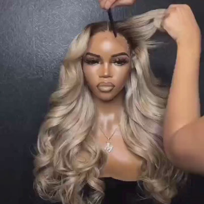 Ombre ash blonde body wave wig video displaying hair quality and 5x5 transparent lace construction