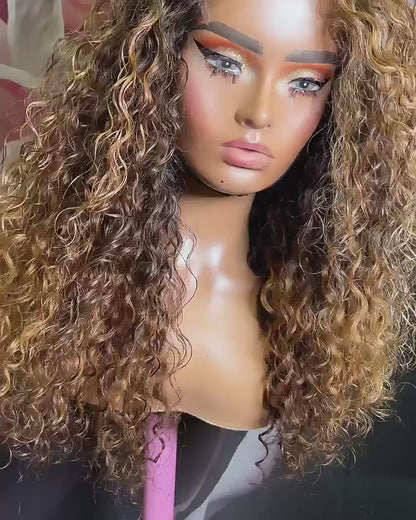Honey blonde highlight curly wig video showcasing 6x6 HD lace construction and natural movement