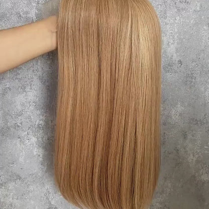 8/24 duo tone ash brown wig video displaying European virgin hair quality, hand-tied lace, and silky straight texture
