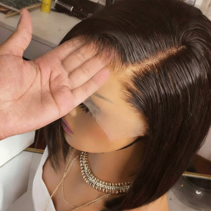 Top view of a mannequin head showcasing the NuHaire Straight Blunt Cut Lace Front Bob Wig, featuring a natural black color, premium human hair quality, a 13x4 transparent lace front, silky straight texture, double-drawn ends, and a natural hairline.
