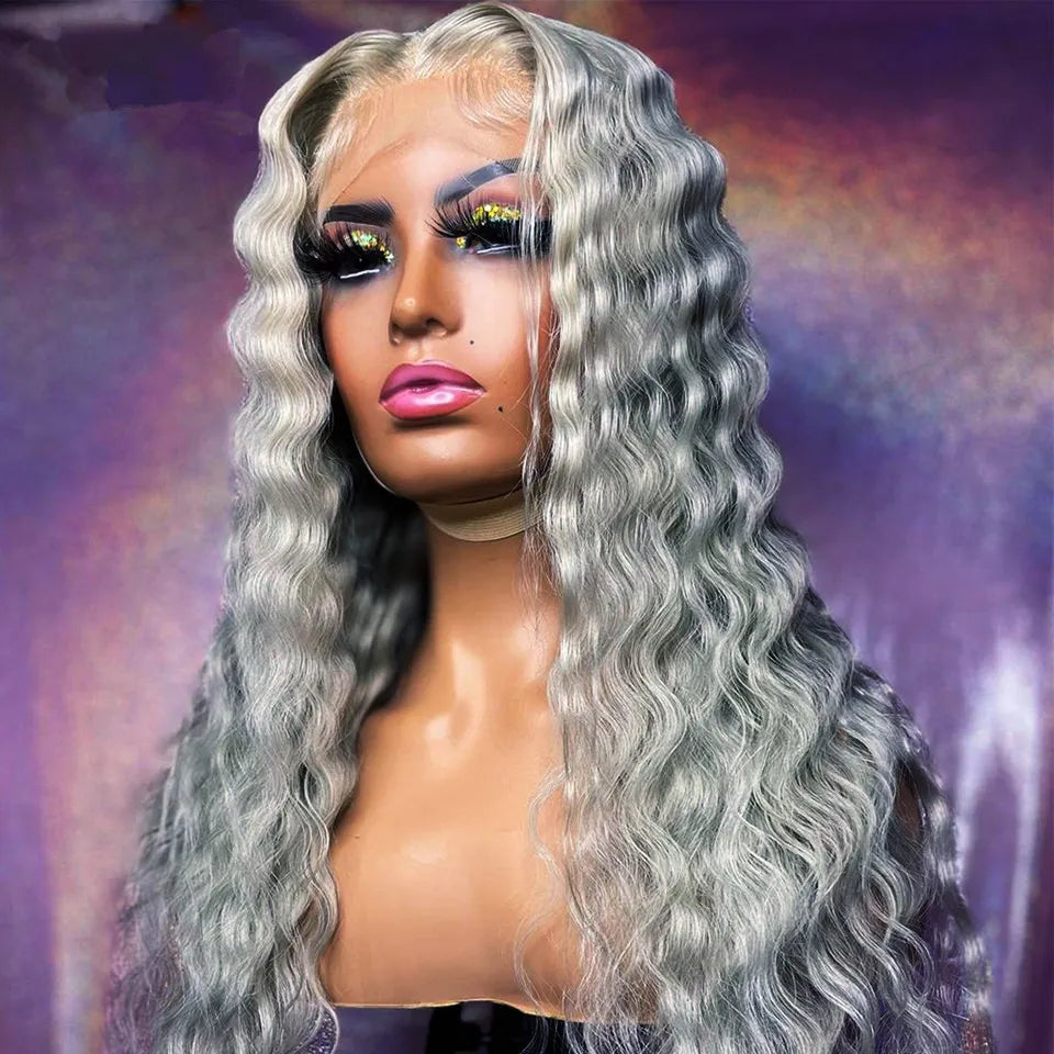 Silver Grey Loose Deep Wave Transparent Lace Front Human Hair Wig