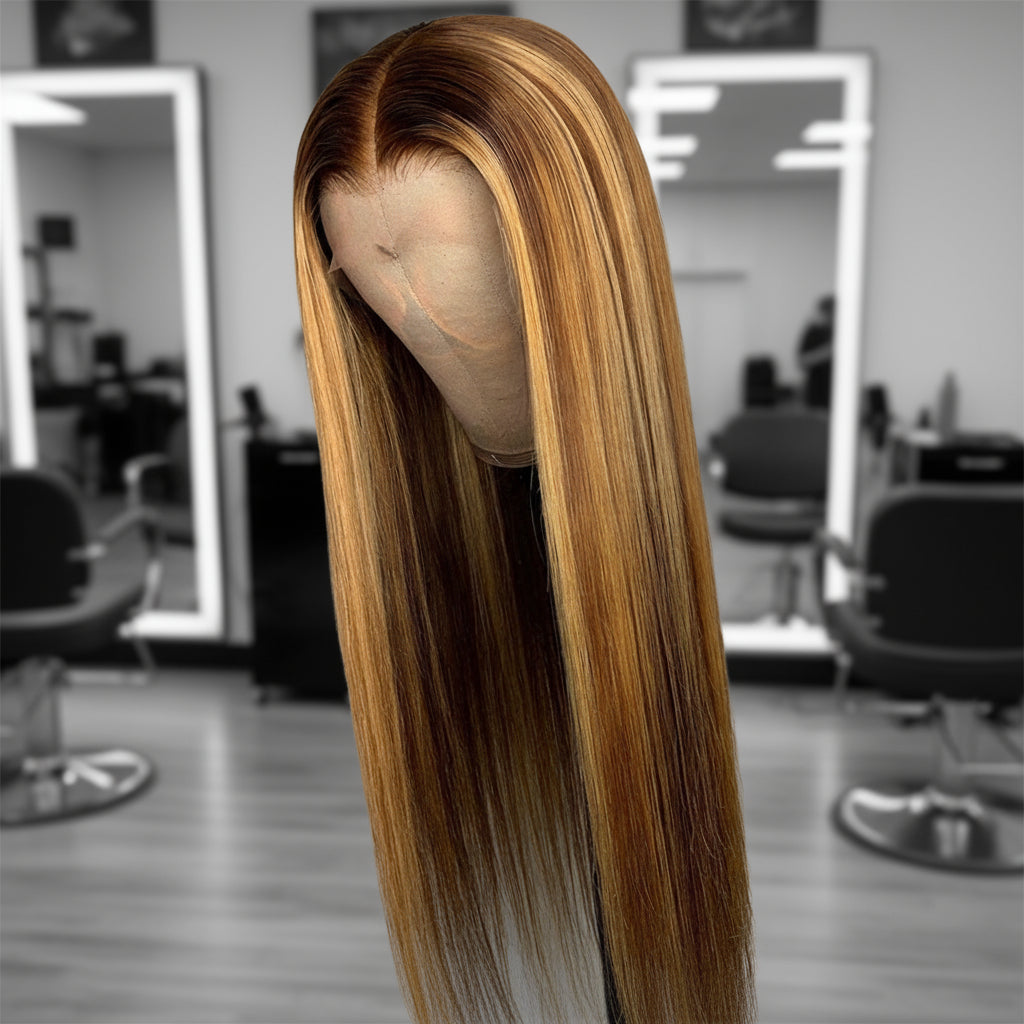 Mannequin head displaying NuHaire Straight Honey Blonde Highlight Wig, featuring rich honey blonde highlights and silky straight texture, complete with thin 13x4 transparent lace.