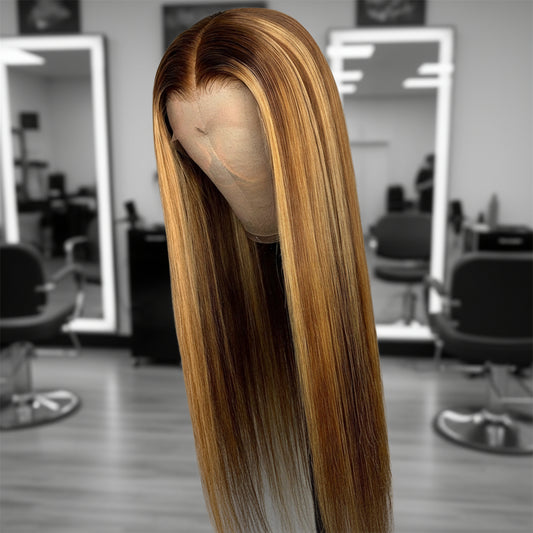 Mannequin head displaying NuHaire Straight Honey Blonde Highlight Wig, featuring rich honey blonde highlights and silky straight texture, complete with thin 13x4 transparent lace.