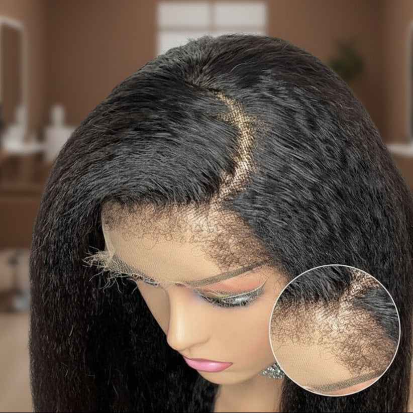 Closer view of mannequin head showcasing NuHaire's 4C Edge Hairline Kinky Straight Lace Front Human Hair Wig, featuring a natural black color, premium human hair, flowing kinky straight texture, a 4C hair texture hairline, and a 13x4 HD Lace Front.