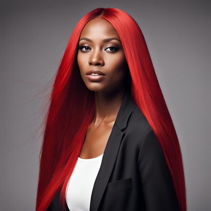 Red Straight 13x6 Transparent Lace Wig on model showcasing vibrant red color, realistic scalp, and Peruvian hair quality
