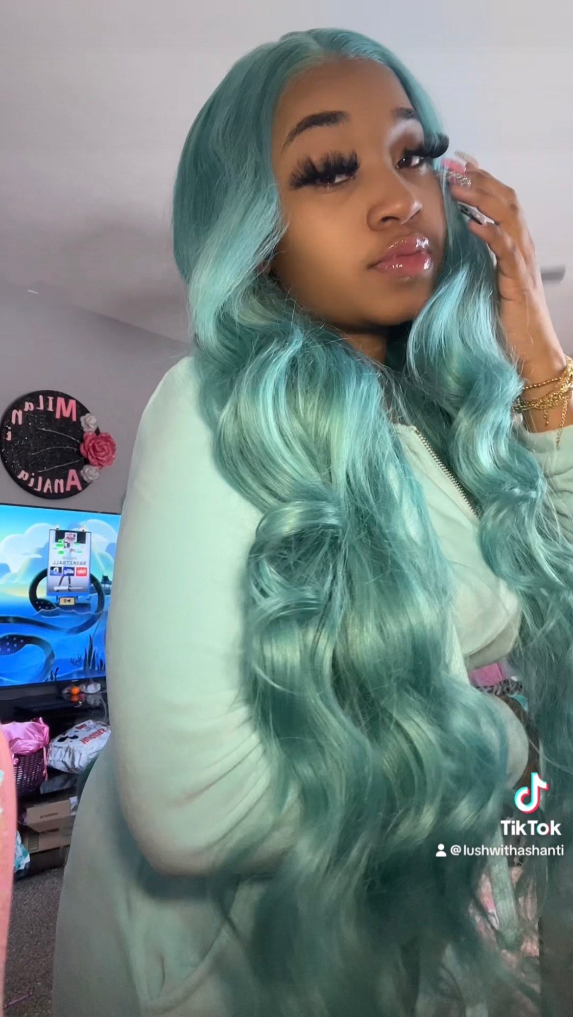 Mint Green Body Wave Lace Front Human Hair Wig