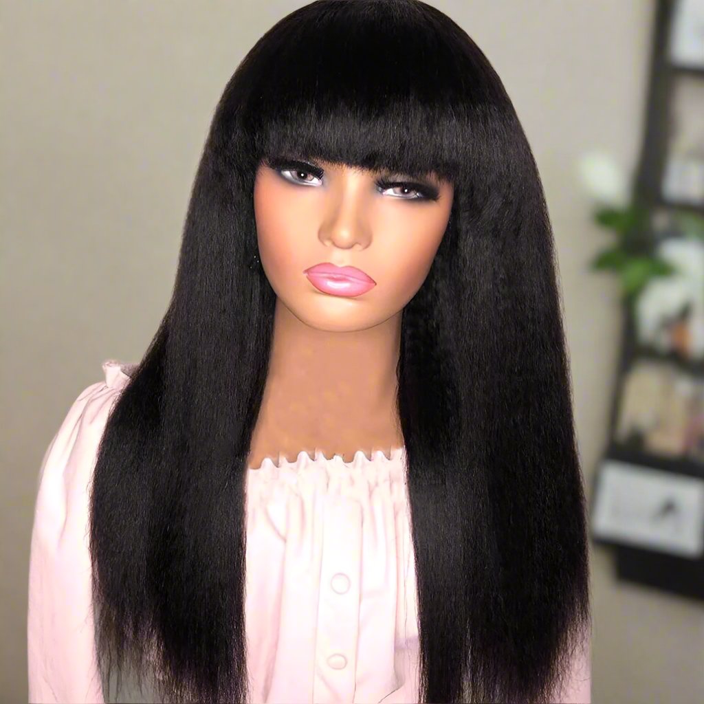 Kinky Straight Easy Install Machine Made Bob Wig With Bangs