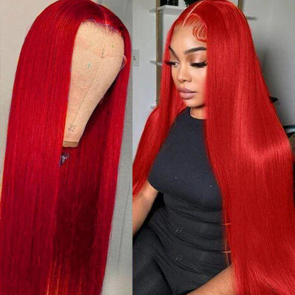 13x6 Red Straight Transparent Lace Wig on a mannequin head and worn by a person, highlighting vibrant red color and premium texture