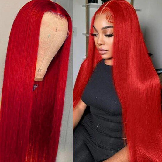 13x6 Red Straight Transparent Lace Wig on a mannequin head and worn by a person, highlighting vibrant red color and premium texture