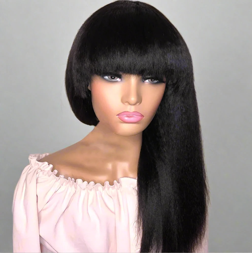 Kinky Straight Easy Install Machine Made Bob Wig With Bangs