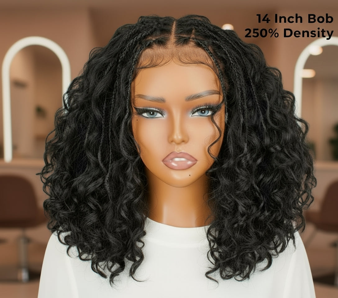 Mannequin head featuring NuHaire's Knotless Boho Braids | 5x5 Glueless Bob, showcasing flawless boho braids, premium human hair quality, 5x5 glueless lace, a natural hairline, and a bouncy bob.