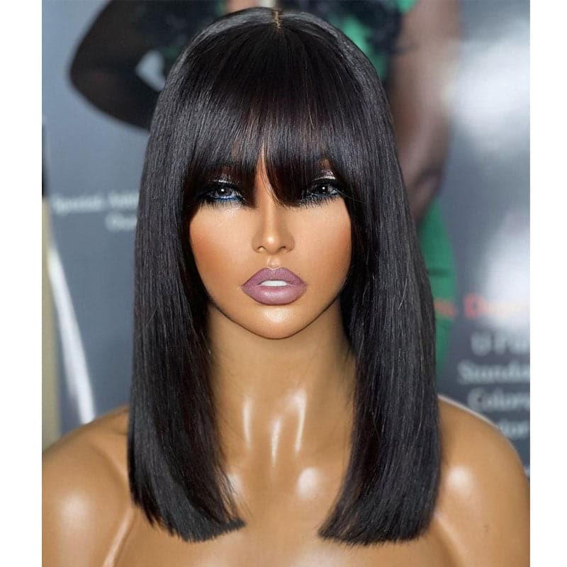 12A Grade True Scalp Silky Straight Double Drawn Bob Wig With Bangs