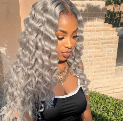 Silver Grey Loose Deep Wave Transparent Lace Front Human Hair Wig