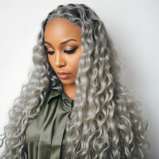 Silver Grey Loose Deep Wave Transparent Lace Front Human Hair Wig