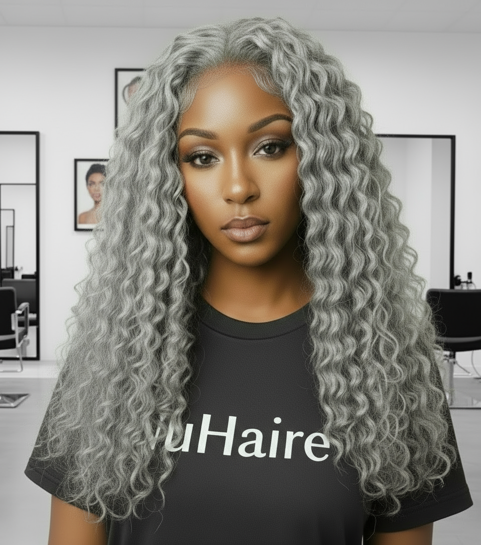 Front view of a Model showcasing NuHaire's Silver Grey Deep Curly Transparent Lace Front Human Hair Wig, featuring a natural silver grey hair color, premium quality human hair, a bouncy deep curly texture, and a 13x6 transparent lace front.
