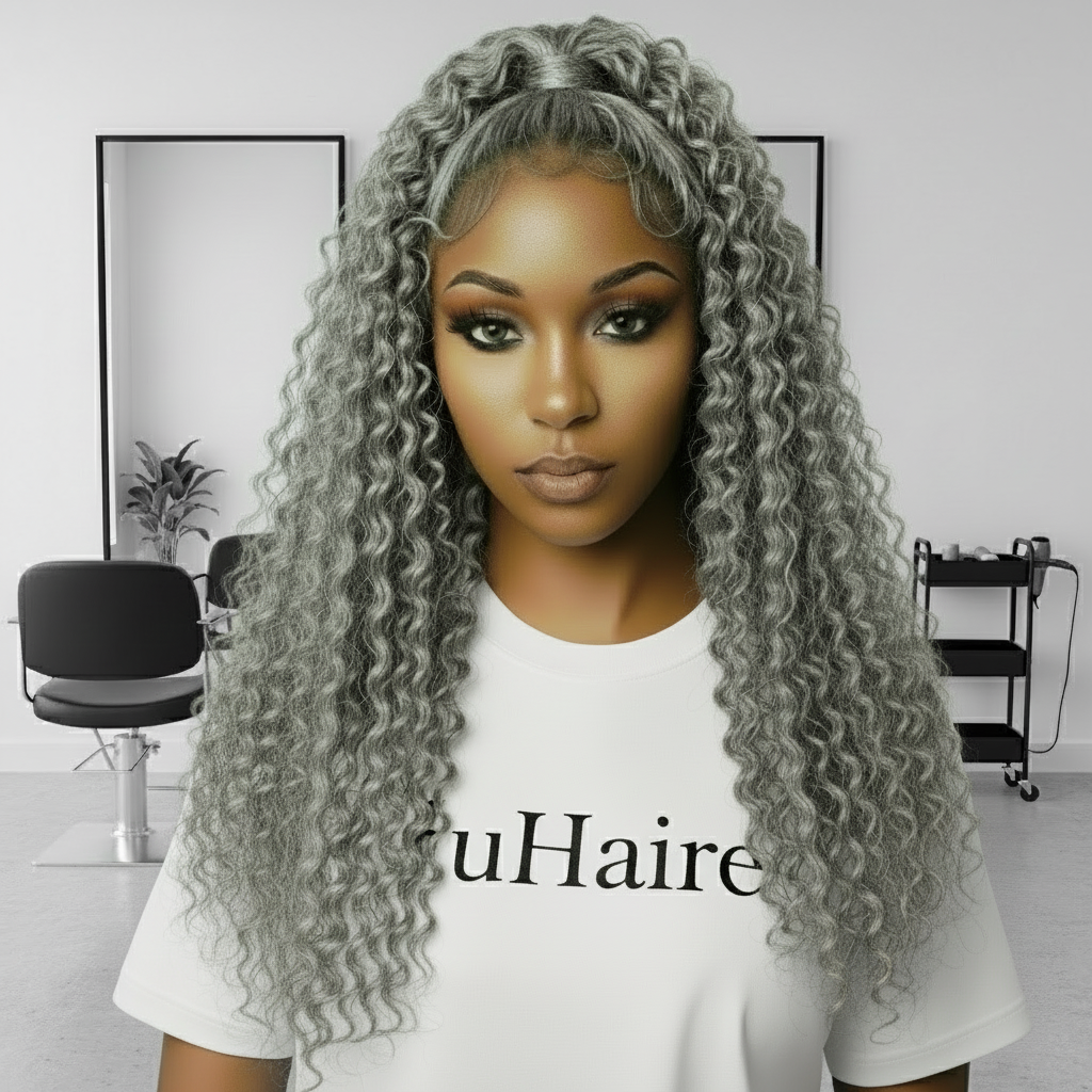 Female Model showcasing NuHaire's Silver Grey Deep Curly Transparent Lace Front Human Hair Wig, featuring a natural silver grey hair color, premium quality human hair, a bouncy deep curly texture, and a 13x6 transparent lace front.