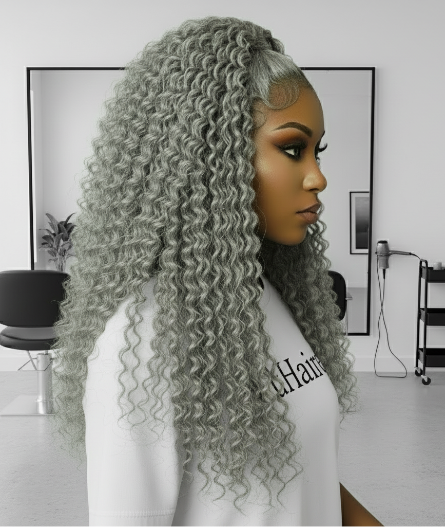Side view of a Model showcasing NuHaire's Silver Grey Deep Curly Transparent Lace Front Human Hair Wig, featuring a natural silver grey hair color, premium quality human hair, a bouncy deep curly texture, and a 13x6 transparent lace front.