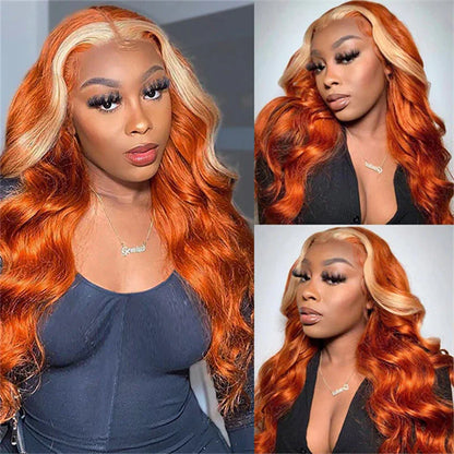 26" Chunky Blonde Highlight Ginger 13x4 Wig on model side by side with stacked photos showcasing styling versatility and natural hairline