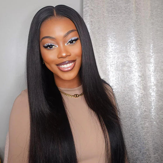 Model wearing glueless straight wig with 9x6 HD lace front by NuHaire