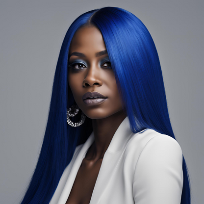 A person wearing a blue straight wig with a transparent lace front.