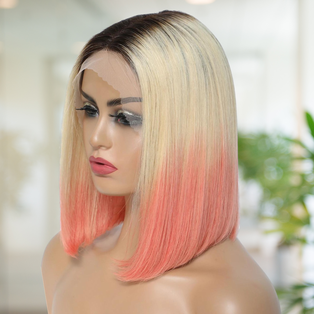 Dark Root Light Blonde Pink Ombre Human Hair Bob Wig