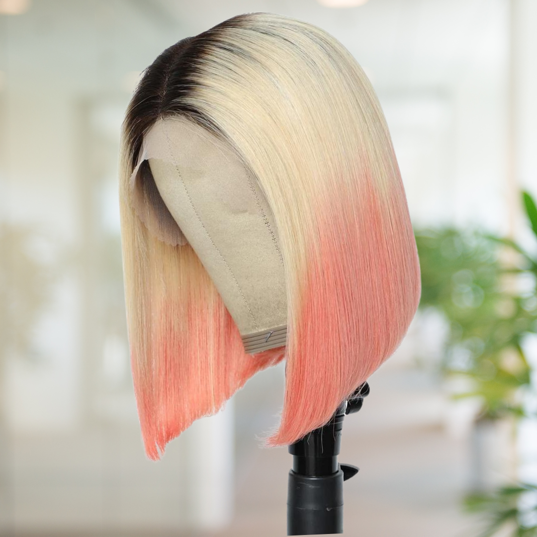 Dark Root Light Blonde Pink Ombre Human Hair Bob Wig