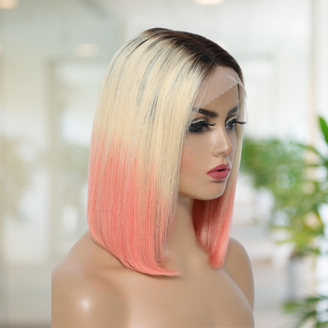 Dark Root Light Blonde Pink Ombre Human Hair Bob Wig