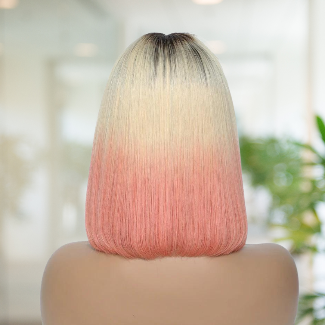 Dark Root Light Blonde Pink Ombre Human Hair Bob Wig