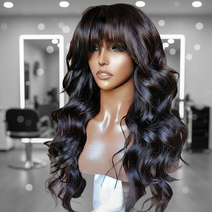 Mannequin head displays NuHaire's Ready to Wear Loose Wave Wig with Bangs, featuring a natural black color, flowing loose wave texture, glueless install with bangs, and premium human hair.