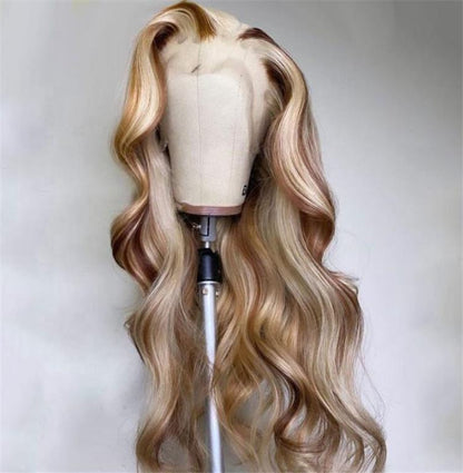 Trio blonde highlight wig showing dimensional color blend and body wave pattern from alternate view