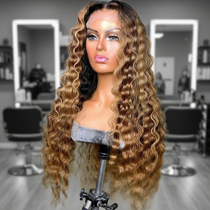 Different angle of Mannequin head featuring a NuHaire Honey Blonde Ombre Deep Curly Human Hair Wig, showcasing rich honey blonde ombre, styling versatility, flowing deep curly wave texture, and skin melt thin 13x6 HD transparent lace.