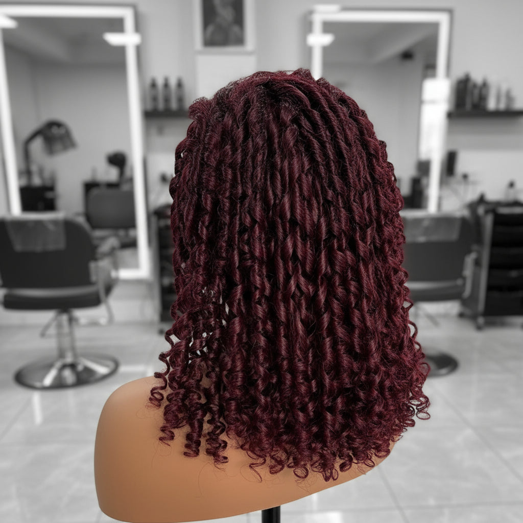 Side view of Mannequin head featuring a NuHaire burgundy pixie curly wig, showcasing rich burgundy 99J color, with bouncy, combed-out pixie curls and thin transparent lace options available in 4x4 and 13x4.