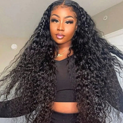 6x4 HD Glueless Water Wave human hair wig displayed on a model showing full 200% density, rich natural black color, water wave texture, premium natural HD glueless hairline, and realistic scalp
